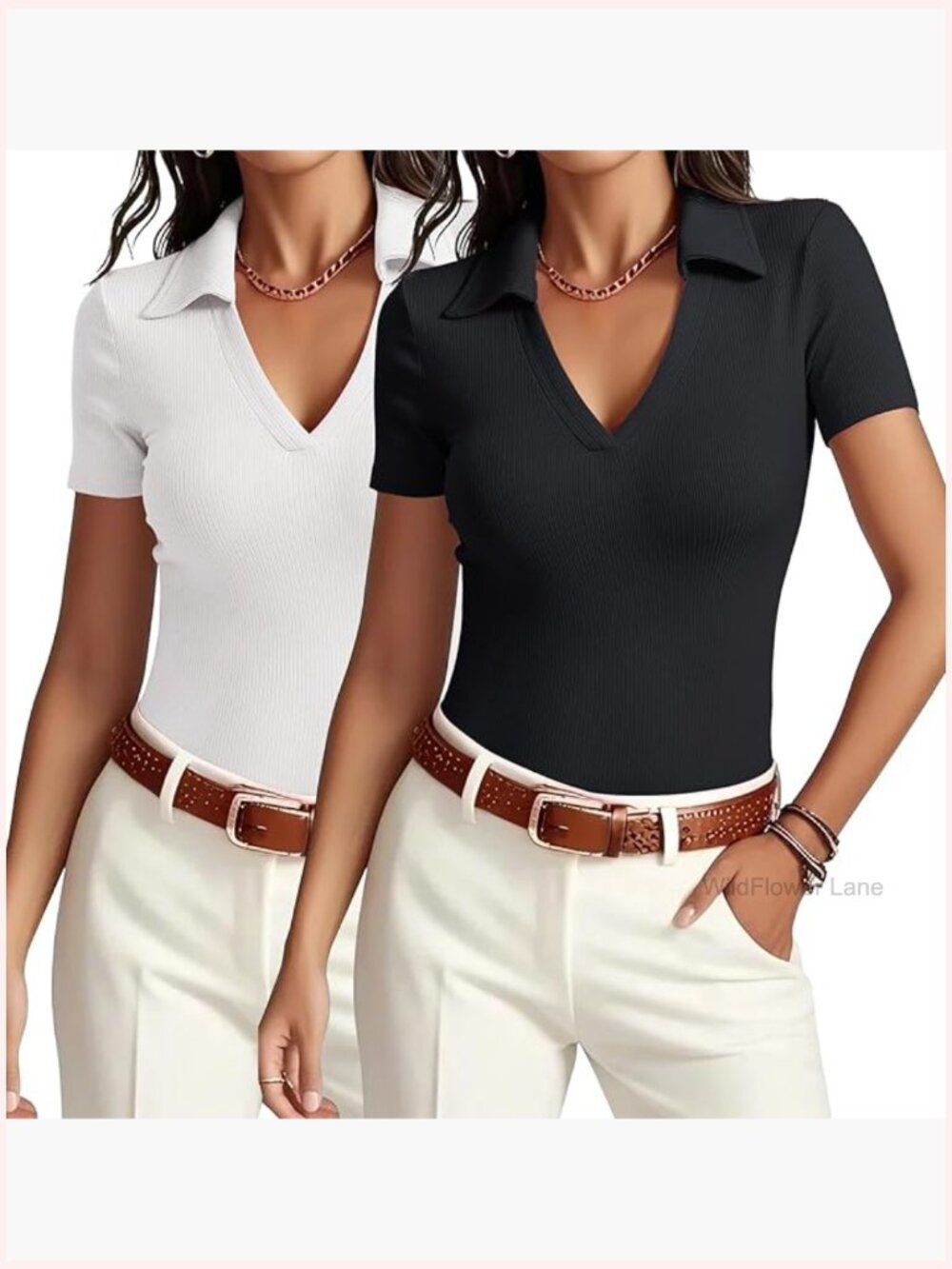 Short Sleeve V-Neck Polo Tops for Women Business Casual Fitted Office Blouses